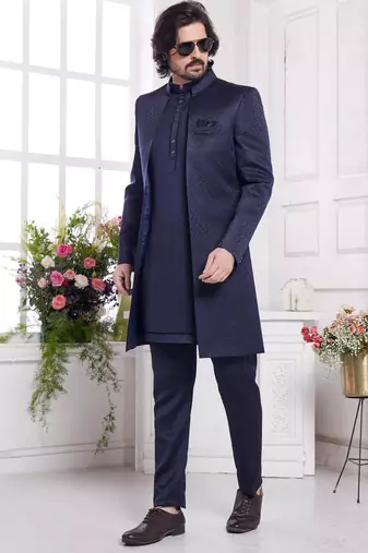 men's blue  3 peice jacket set with imported jaquard silk and faux satin