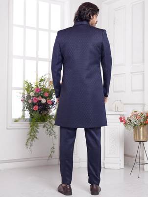men's blue  3 peice jacket set with imported jaquard silk and faux satin 3