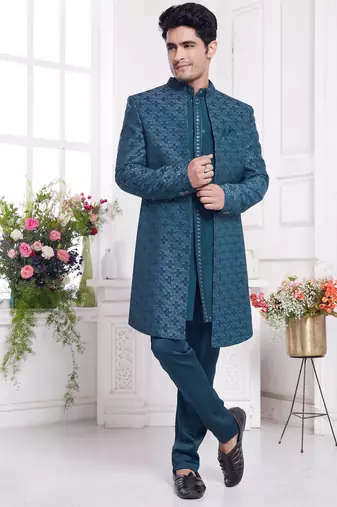 Men's blue  3 peice jacket set with imported jaquard silk and faux satin