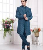 Men's blue  3 peice jacket set with imported jaquard silk and faux satin