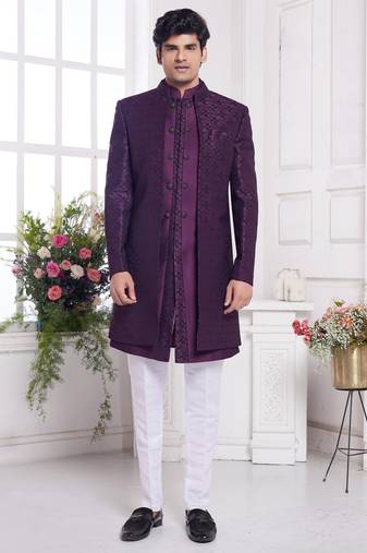 Men's wine  3 peice jacket set with imported jaquard silk and faux satin