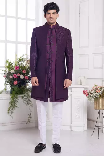 Men's wine  3 peice jacket set with imported jaquard silk and faux satin