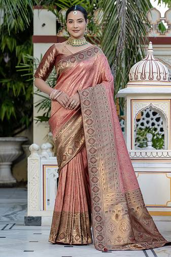 Light red kanjivaram silk blend meenakri weaving saree