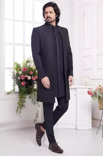 Men's black  3 peice jacket set with imported jaquard silk and faux satin