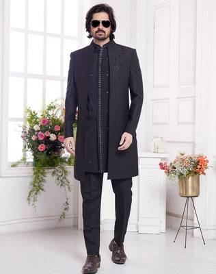 men's black  3 peice jacket set with imported jaquard silk and faux satin 2