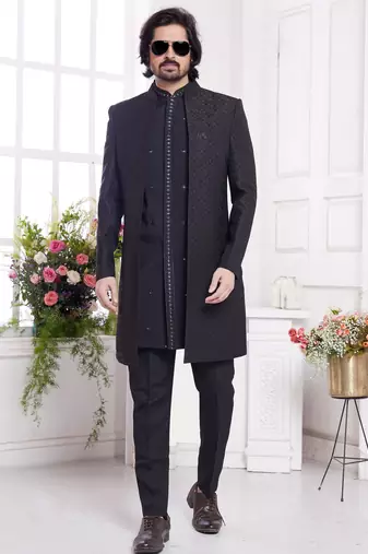 men's black  3 peice jacket set with imported jaquard silk and faux satin