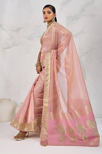 Tissue linen light pink woven saree