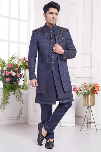 Men's blue  2 peice attach jacket set with imported jaquard silk and faux satin