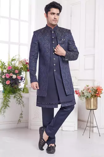 Men's blue  2 peice attach jacket set with imported jaquard silk and faux satin