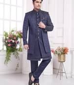 Men's blue  2 peice attach jacket set with imported jaquard silk and faux satin