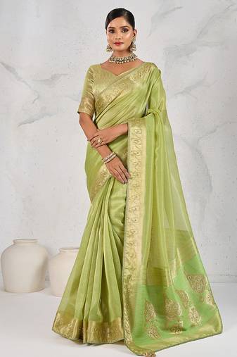 Tissue linen parrot green woven saree
