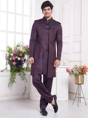 men's wine 2 peice attach jacket set with imported jaquard silk and faux satin 1