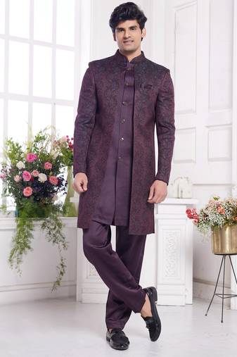 Men's wine 2 peice attach jacket set with imported jaquard silk and faux satin