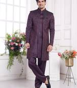 Men's wine 2 peice attach jacket set with imported jaquard silk and faux satin