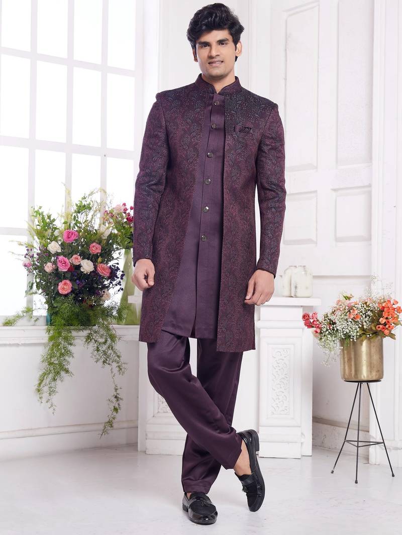 Men's wine 2 peice attach jacket set with imported jaquard silk and faux satin