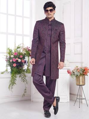 men's wine 2 peice attach jacket set with imported jaquard silk and faux satin 2