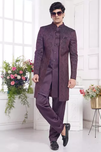 men's wine 2 peice attach jacket set with imported jaquard silk and faux satin