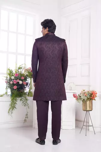 men's wine 2 peice attach jacket set with imported jaquard silk and faux satin