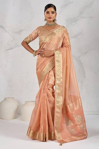 Tissue linen peach woven saree