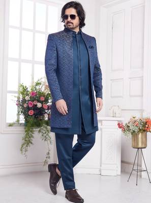 men's blue 3 peice jacket set with imported jaquard silk and faux satin 1