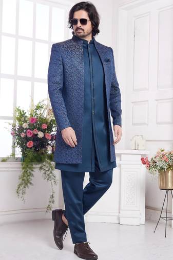 Men's teal green  3 peice jacket set with imported jaquard silk and faux satin