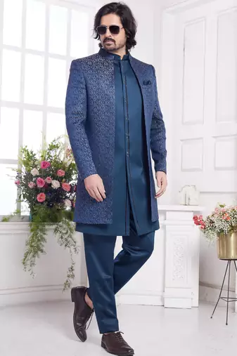 Men's teal green  3 peice jacket set with imported jaquard silk and faux satin