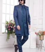 Men's Blue 3 peice jacket set with imported jaquard silk and faux satin