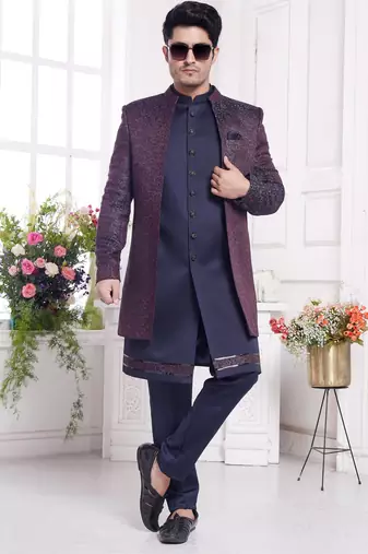 violet 3 peice jacket set with imported jaquard silk and faux satin