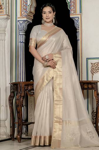 Silver tissue linen khatli handwork saree
