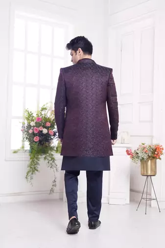 violet 3 peice jacket set with imported jaquard silk and faux satin