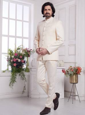 men's cream  jodhpuri with imported jaquard silk and faux satin 1