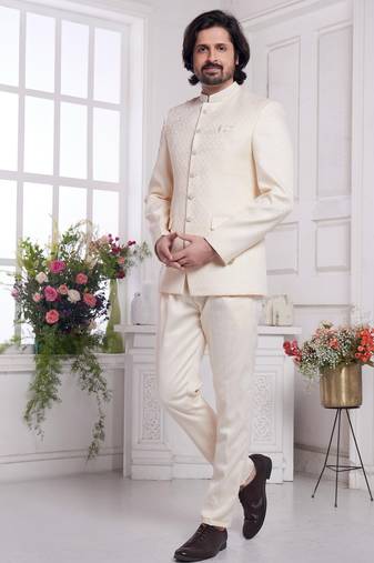Men's cream  jodhpuri with imported jaquard silk and faux satin