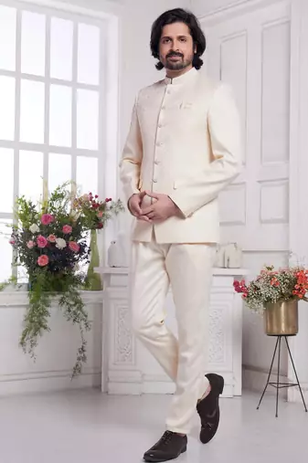 Men's cream  jodhpuri with imported jaquard silk and faux satin