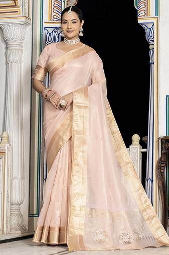 Light pink tissue linen khatli handwork saree
