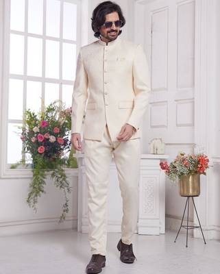 men's cream  jodhpuri with imported jaquard silk and faux satin 2