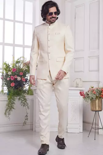 men's cream  jodhpuri with imported jaquard silk and faux satin