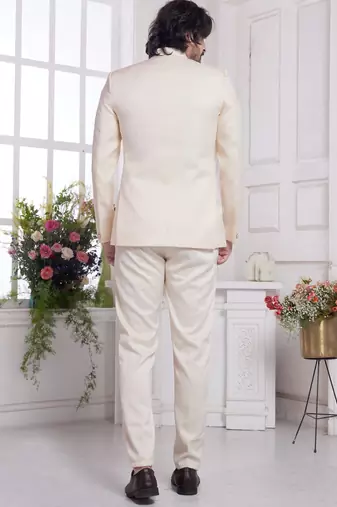 men's cream  jodhpuri with imported jaquard silk and faux satin