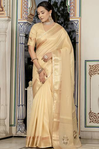 Light yellow tissue linen khatli handwork saree