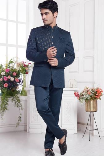 Blue jodhpuri with imported jaquard silk and faux satin