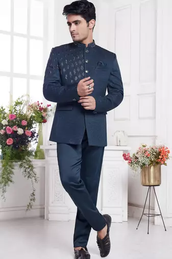 Blue jodhpuri with imported jaquard silk and faux satin