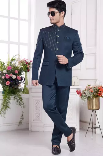 green jodhpuri with imported jaquard silk and faux satin
