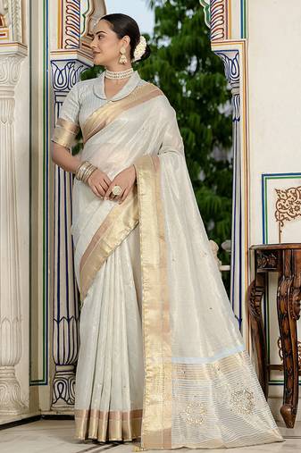 Light grey tissue linen khatli handwork saree