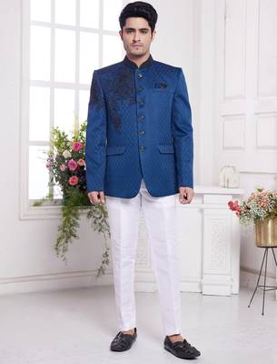 men's blue  jodhpuri with imported jaquard silk and faux satin 1