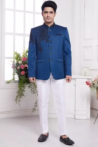 Men's blue  jodhpuri with imported jaquard silk and faux satin