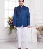 Men's blue  jodhpuri with imported jaquard silk and faux satin