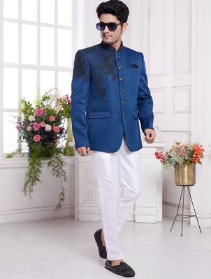 men's blue  jodhpuri with imported jaquard silk and faux satin 2