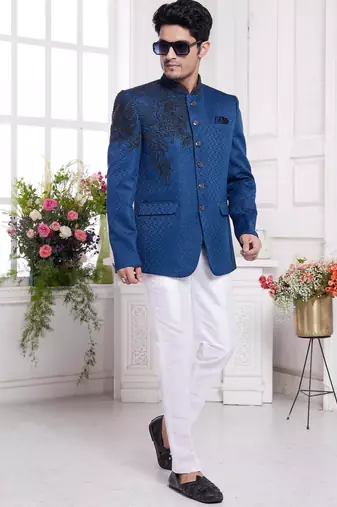 men's blue  jodhpuri with imported jaquard silk and faux satin