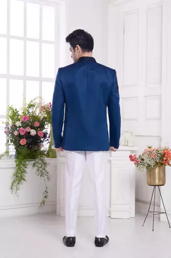 men's blue  jodhpuri with imported jaquard silk and faux satin