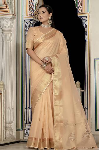 Light peach tissue linen khatli handwork saree