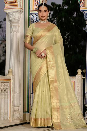 Light green tissue linen khatli handwork saree